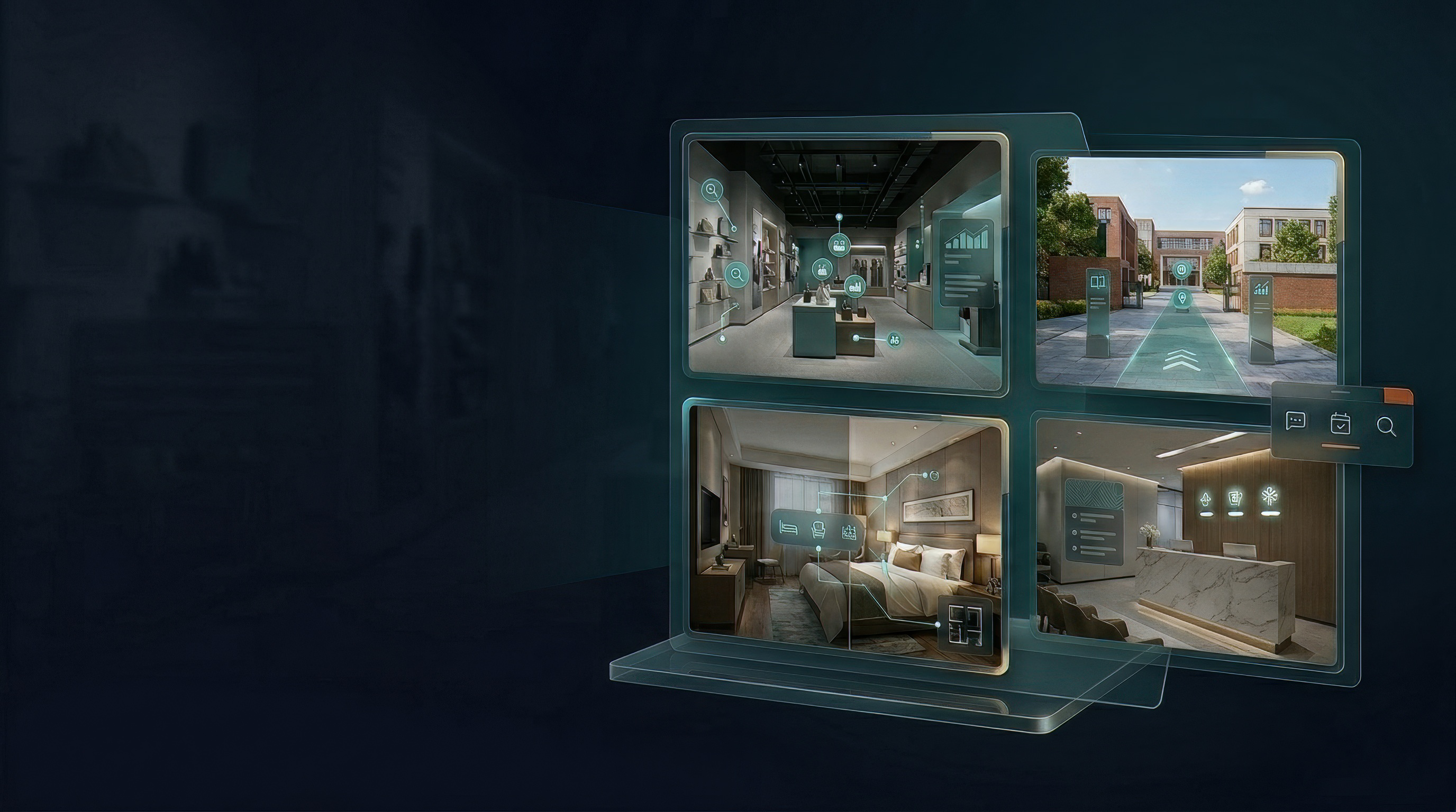 Hut Views immersive digital environment system showing retail, campus, property, and hospitality spaces in an interactive digital interface.
