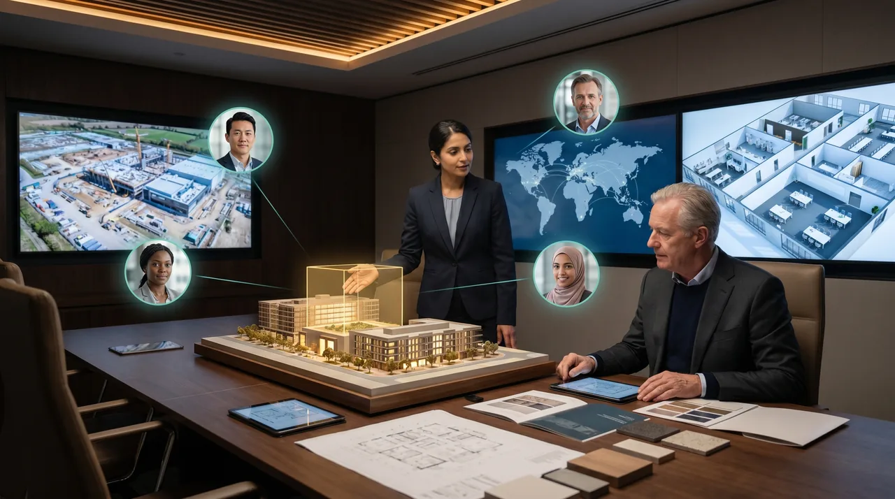 Digital Business Showcase showing a corporate project review environment with construction updates, remote stakeholders, architectural model, office planning screens, and live client presentation.