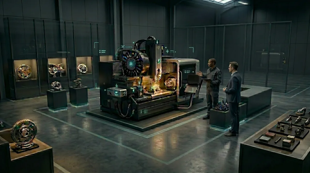 Digital Business Showcase showing a premium industrial showroom where a technical specialist explains complex machinery and equipment to help buyers understand high-value products before they enquire.