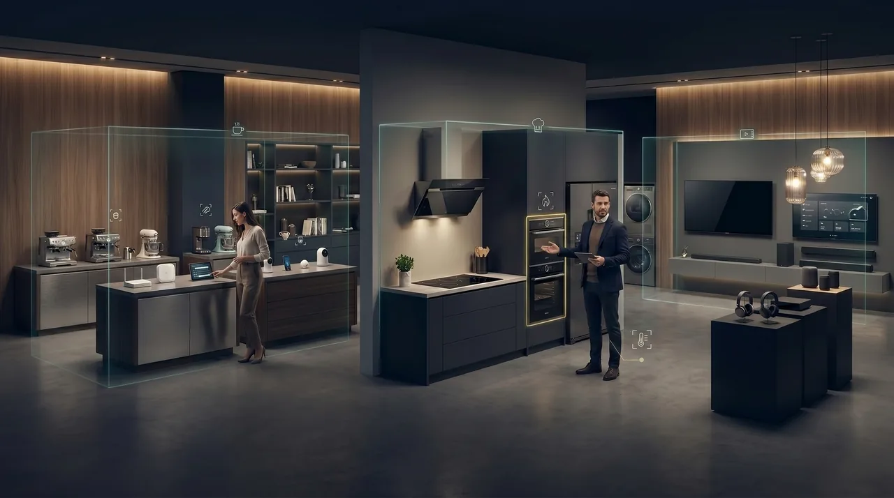 Digital Business Showcase showing a premium retail showroom with guided product zones, an advisor, and a customer exploring displays and comparing premium options before requesting more information.