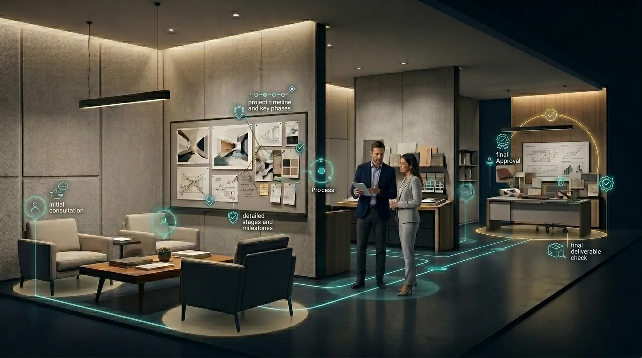 Digital Business Showcase showing a service business environment with a guided client journey, consultation area, process stages, review points, and delivery cues that help clients understand what to expect.
