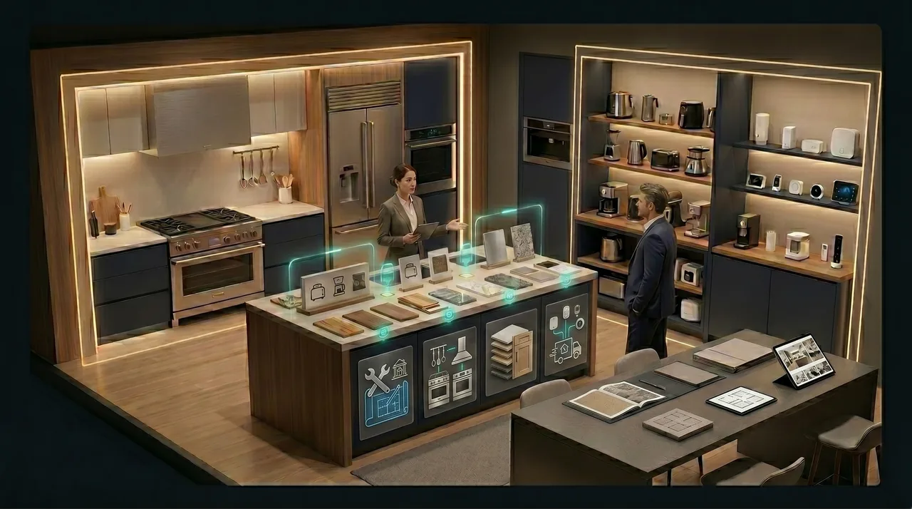 Digital Business Showcase showing an advisor explaining organised products, service packages, samples, and display options to help customers understand what a business offers before visiting.