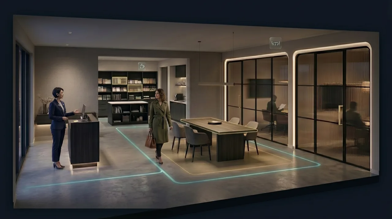 Digital Business Showcase showing a guided business space with reception, meeting area, display zone, private rooms, and route lines helping visitors understand the layout before arriving.
